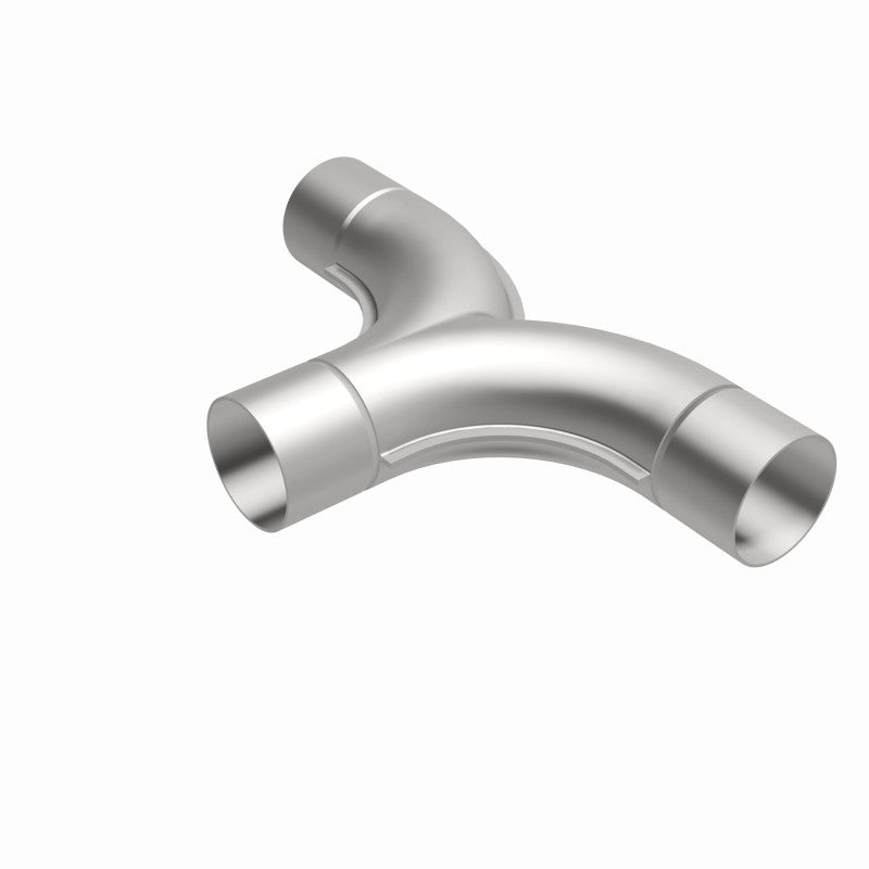 MagnaFlow 2.50-inch stainless steel smooth transition T connecting pipe with 90/90 degree bends for exhaust systems.
