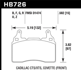 Hawk Performance Chevrolet Camaro HP+ compound front brake pads for high-performance braking, shown in a close-up image.