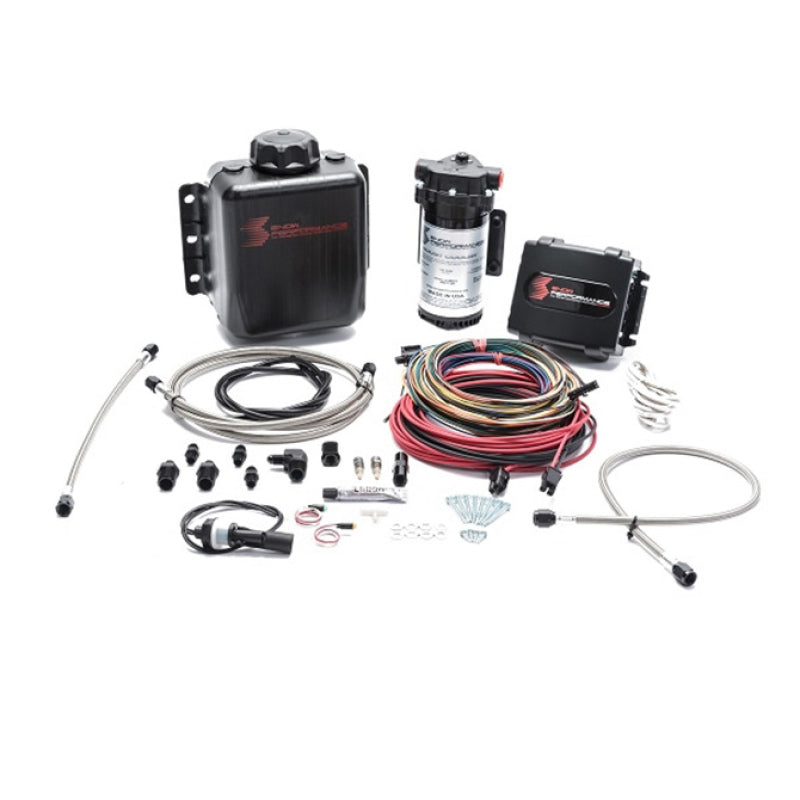 Snow Performance Stage 4 Boost Cooler Platinum water methanol injection kit with SS braid line and 4AN fitting.