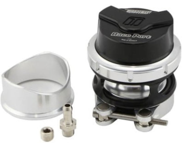 Turbosmart RacePort Gen V black blow off valve for superchargers, showcasing sleek black finish and compact design.