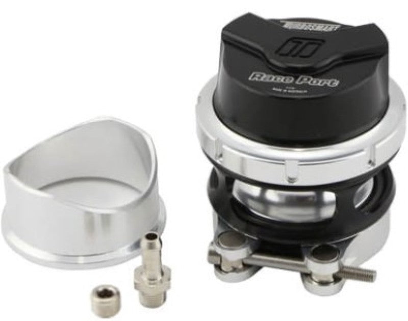 Turbosmart RacePort Gen V black blow off valve for superchargers, showcasing sleek black finish and compact design.