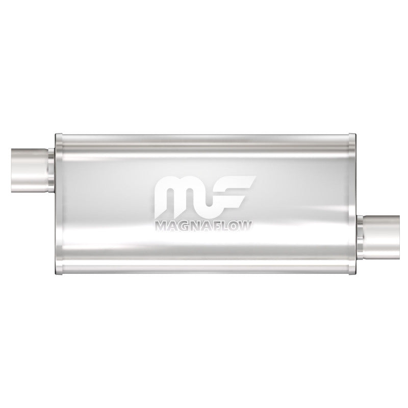 MagnaFlow Mag SS 5X8 14 3/3 O/O muffler, stainless steel automotive exhaust component, installed in a vehicle.