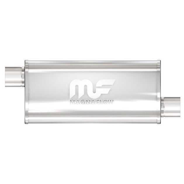MagnaFlow Mag SS 5X8 14 3/3 O/O muffler, stainless steel automotive exhaust component, installed in a vehicle.