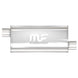 MagnaFlow Mag SS 5X8 14 3/3 O/O muffler, stainless steel automotive exhaust component, installed in a vehicle.