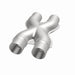 MagnaFlow Smooth Trans X 2.25/2.25 stainless steel X pipe for exhaust systems, shown in a close-up image.