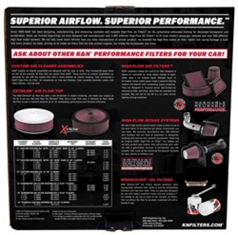K&N 14-inch red custom air cleaner assembly with drop base, high-flow air filter for direct fit automotive engine intake.