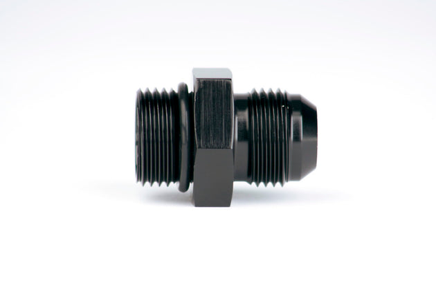 Aeromotive ORB-10 to AN-10 male flare adapter fitting showing metal fittings with threaded ends for automotive fuel systems.