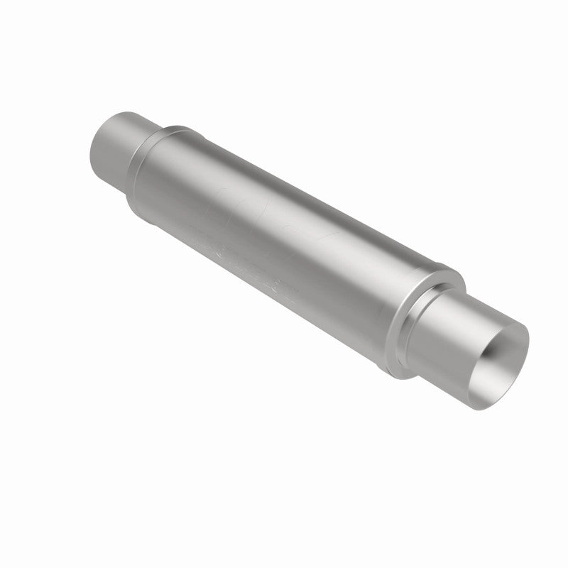 MagnaFlow Mag SS 4x4x14 muffler installed on a vehicle showing its stainless steel construction and compact design.