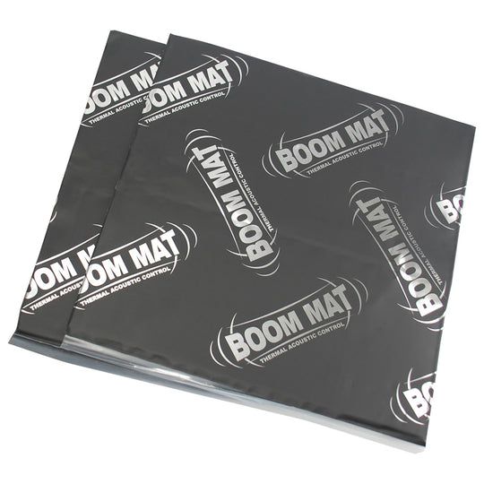 DEI Boom Mat damping thermal wrap in 12x12.5 inch sheets, 2mm thick, ideal for sound and heat insulation in automotive applications.