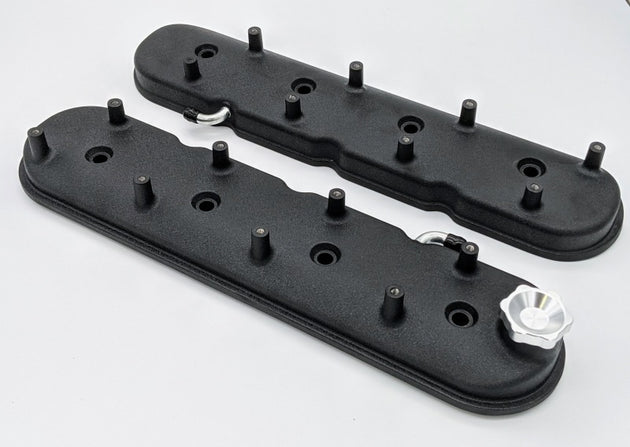Pair of Granatelli Motor Sports black wrinkle finish LS valve covers with angled coil mounts for GM 96-22 engines.