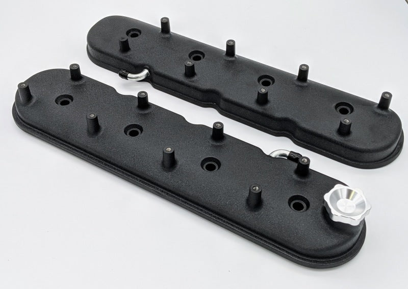 Pair of Granatelli Motor Sports black wrinkle finish LS valve covers with angled coil mounts for GM 96-22 engines.