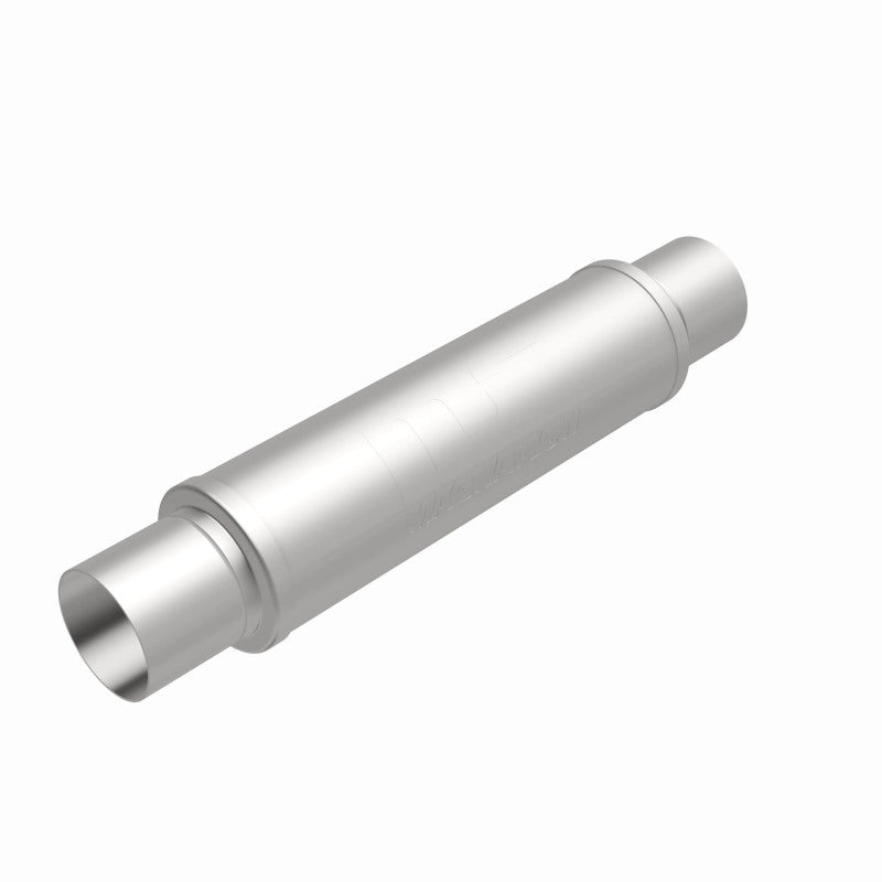 MagnaFlow Mag SS 3-inch muffler with 14x4x4-inch dimensions, showcasing the stainless steel construction and inlet/outlet openings.
