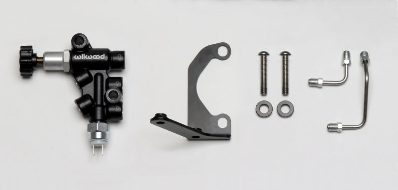 Wilwood brake master cylinder tandem mounting bracket left-hand kit with proportional valve for automotive brake system.
