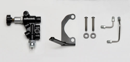 Wilwood brake master cylinder tandem mounting bracket left-hand kit with proportional valve for automotive brake system.