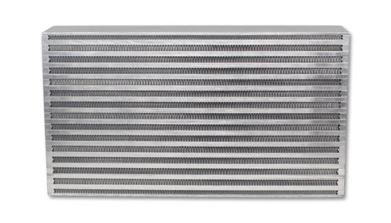Vibrant intercooler core with 17.75-inch length, 9.85-inch height, and 3.5-inch thickness showing fins and metal construction.