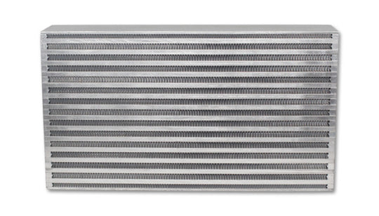 Vibrant intercooler core with 17.75-inch length, 9.85-inch height, and 3.5-inch thickness showing fins and metal construction.