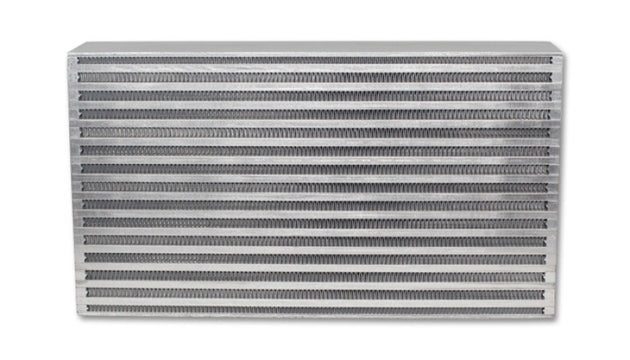 Vibrant intercooler core with 17.75-inch length, 9.85-inch height, and 3.5-inch thickness showing fins and metal construction.