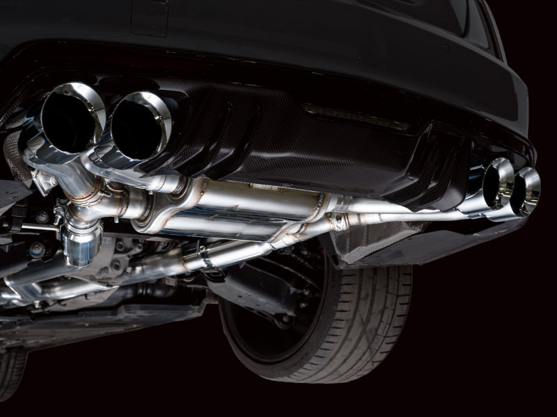 AWE Tuning Cadillac CT5-V Blackwing catback exhaust with chrome silver tips, showcasing its sleek design and polished finish.