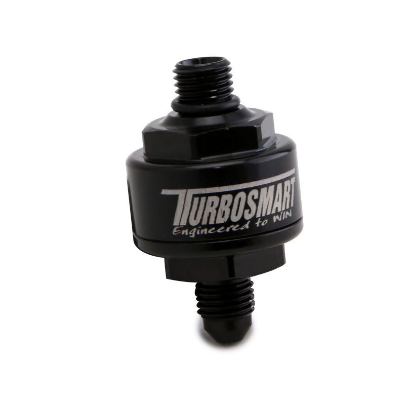 Turbosmart billet turbo oil feed filter with black finish, 44-micron pleated disc, AN-4 male to AN-4 ORB fitting for turbo systems