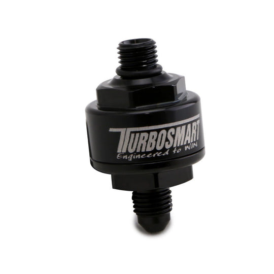Turbosmart billet turbo oil feed filter with black finish, 44-micron pleated disc, AN-4 male to AN-4 ORB fitting for turbo systems