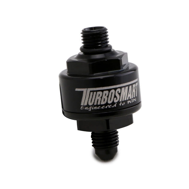 Turbosmart billet turbo oil feed filter with black finish, 44-micron pleated disc, AN-4 male to AN-4 ORB fitting for turbo systems