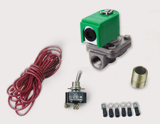 Moroso 12V accumulator solenoid valve for oil catch cans, with metal body and wiring, suitable for automotive fluid control.