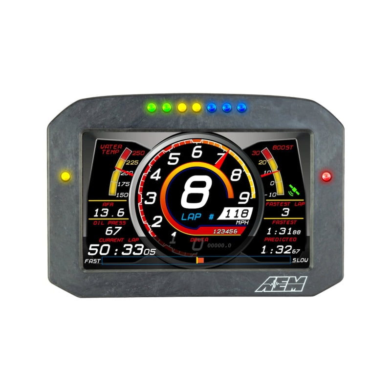 AEM CD-7G Carbon flush digital dash display gauge with internal 20Hz GPS and antenna, showcasing sleek black carbon design.