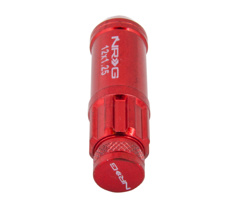 NRG 700 Series M12 x 1.25 steel lug nut set with dust cap covers, locks, and lock socket in red for automotive wheels.