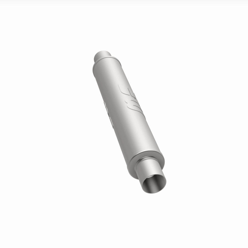MagnaFlow Mag SS muffler with 22x4x4 inch dimensions and 2.5-inch center inlet, shown in a close-up view.