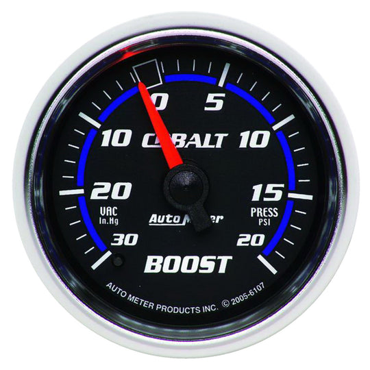 AutoMeter Cobalt 52mm mechanical boost gauge showing 20 psi with a black dial and blue accents in a close-up view.