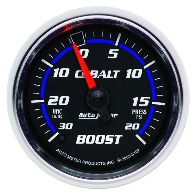AutoMeter Cobalt 52mm mechanical boost gauge showing 20 psi with a black dial and blue accents in a close-up view.