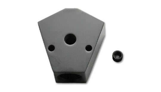 Vibrant billet aluminum Y-Block fitting with 1/8in NPT port and three 1/2in NPT outlets, sturdy and durable for fluid connections.