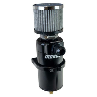 Moroso black billet aluminum single inlet -12AN oil catch can and breather tank for automotive engine ventilation.