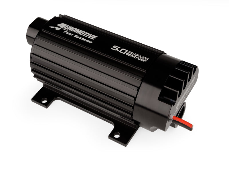 Aeromotive 5.0 brushless spur gear external inline fuel pump with 5 GPM flow rate, designed for high-performance fuel delivery.