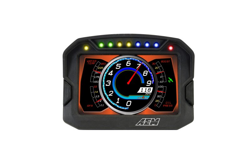 AEM CD-5LG carbon digital dash gauge with internal 10Hz GPS and antenna, showing a sleek, modern digital display panel.