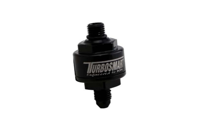 Turbosmart billet turbo oil feed filter with 44 micron pleated disc, black AN-4 male to AN-4 ORB fitting, for high-performance turbo systems.