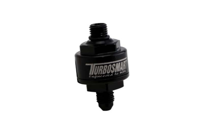 Turbosmart billet turbo oil feed filter with 44 micron pleated disc, black AN-4 male to AN-4 ORB fitting, for high-performance turbo systems.