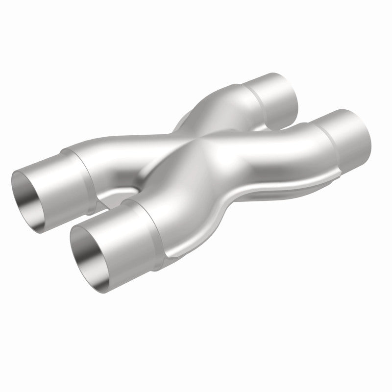 Magnaflow Smooth Trans X 2.25-inch stainless steel X pipe for exhaust systems, shown in a close-up image.