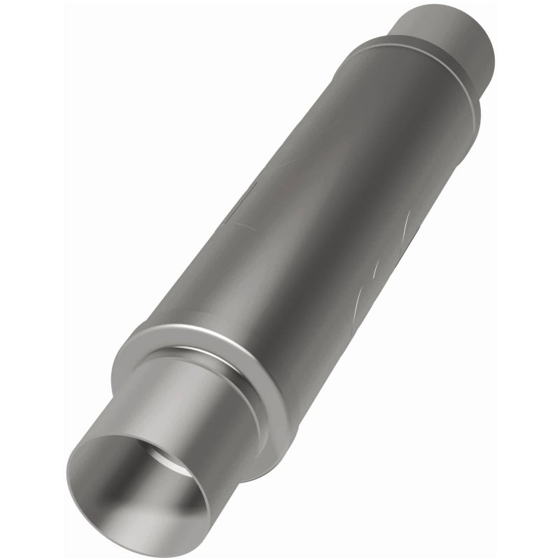 MagnaFlow Mag SS 4X4X14 3 muffler installed on a vehicle, showcasing its stainless steel construction and compact design.