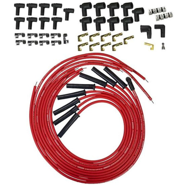 Moroso universal spark plug wire set with red 8mm multi-angle boots for HEI and non-HEI engines, ideal for automotive ignition systems.