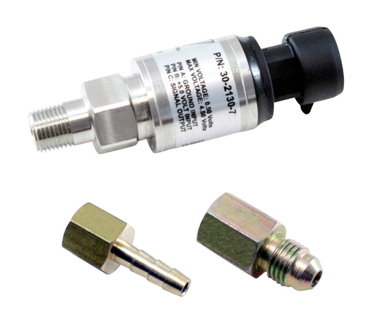 AEM 7 bar MAP and 100 PSIA stainless steel sensor gauge kit showing dual pressure gauges with black dials and silver casings.