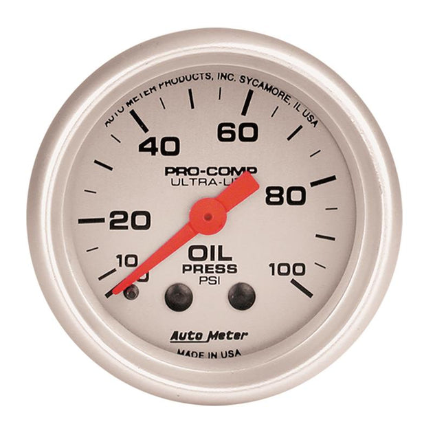 AutoMeter Ultra-Lite 52mm mechanical oil pressure gauge displaying 0-100 PSI with black dial and silver bezel.