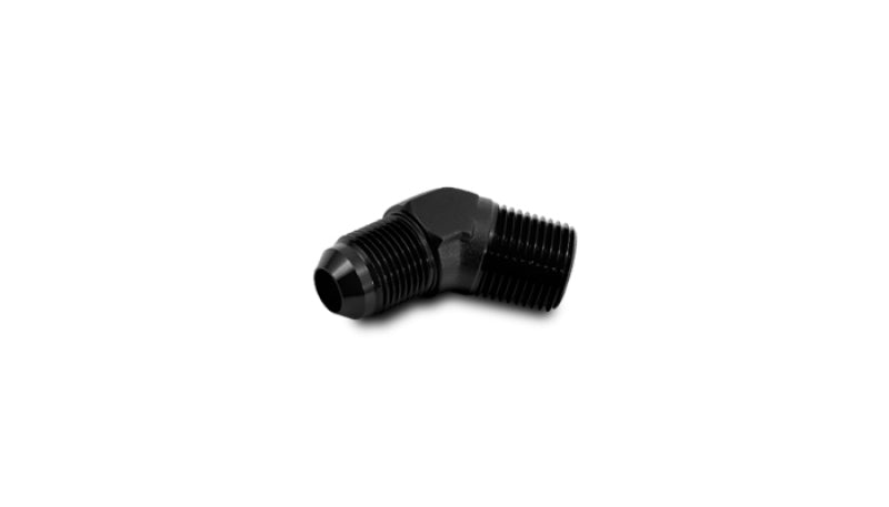 Vibrant aluminum -8 AN to 1/4 inch NPT 45-degree adapter fitting showing smooth metallic finish and precise threading.