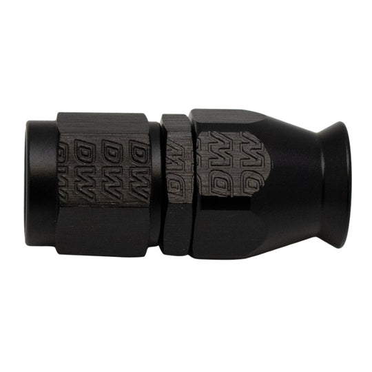 DeatschWerks 6AN female swivel straight hose end fitting with PTFE and olive insert, matte black anodized finish.