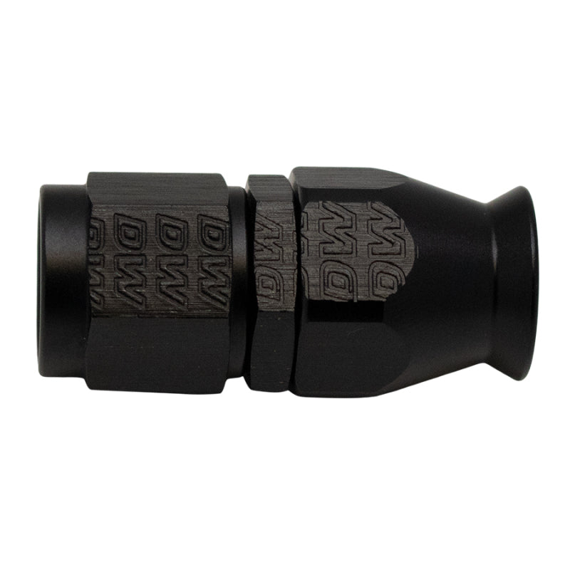 DeatschWerks 6AN female swivel straight hose end fitting with PTFE and olive insert, matte black anodized finish.