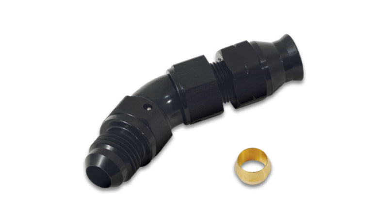 Vibrant 45-degree 3/8 inch tube to male -6AN flare adapter fitting with olive inserts for hydraulic or fuel line connections.