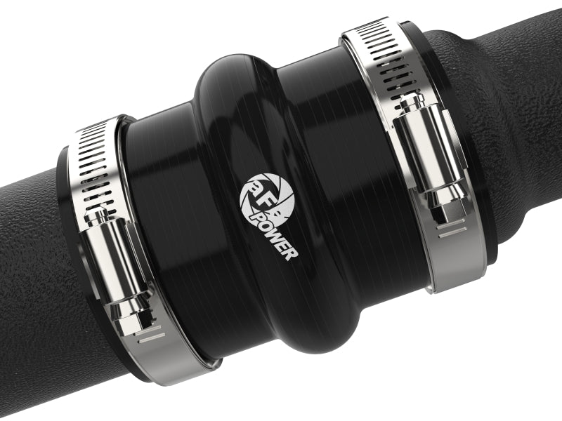 aFe BladeRunner black aluminum hot and cold charge pipe kit for Ford F-150 V6-2.7L intercooler system, installed on engine.