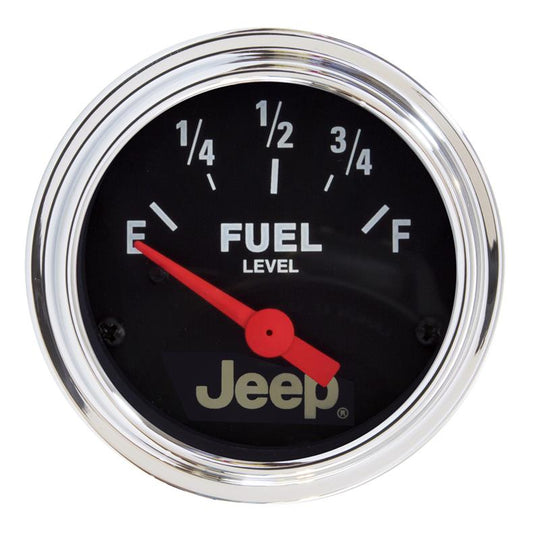 AutoMeter Jeep 52mm electronic fuel level gauge with short sweep, 73 ohms empty, 8-12 ohms full, showing the gauge face and wiring.