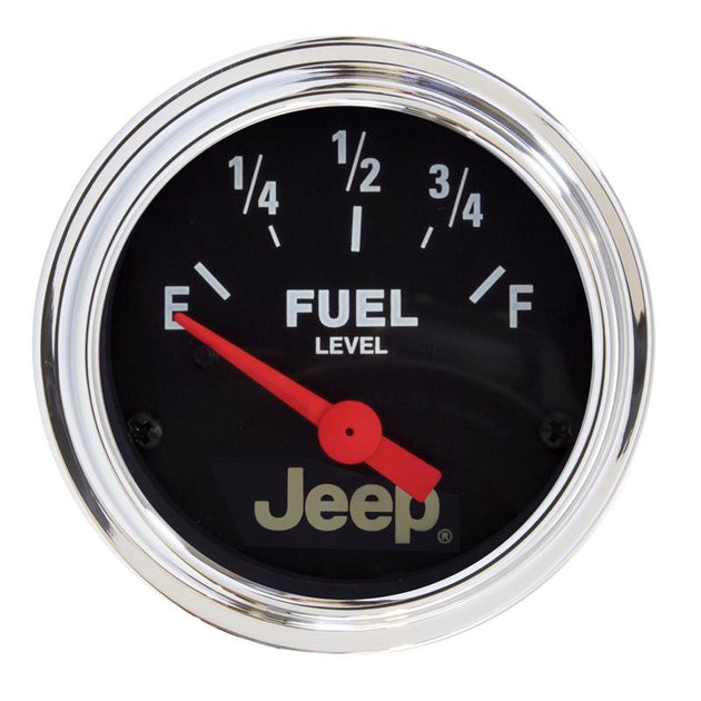 AutoMeter Jeep 52mm electronic fuel level gauge with short sweep, 73 ohms empty, 8-12 ohms full, showing the gauge face and wiring.
