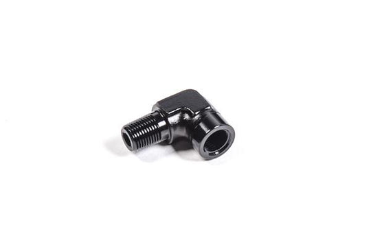 Radium Engineering 1/8 inch NPT male to female 90 degree fitting showing metal fitting with threaded ends.